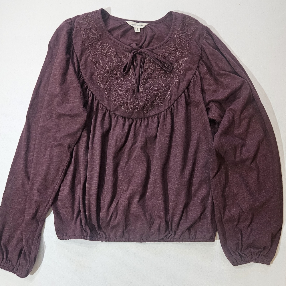 Lucky Brand Lace Yoke‎ Peasant Top Womens Small Rum Raisin Embroidered Neck